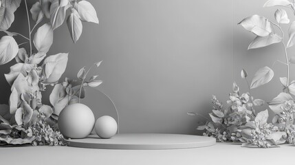Minimalist Gray Background with Plants and Geometric Shapes