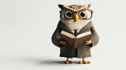 Cartoon owl professor wearing glasses and coat, holding open book.