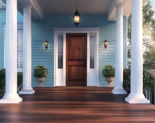 Front porch of a modern home with a wooden door and columns