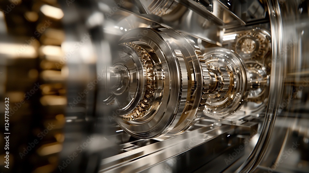 Poster close-up of intricate gold and chrome gears inside a complex mechanism.