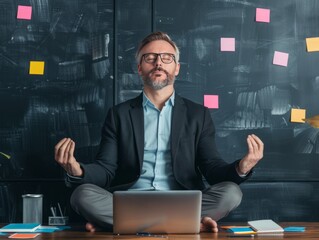 Mindfulness at Work: A serene businessman sits cross-legged in lotus pose before his laptop, finding a moment of peace amidst a busy workday, symbolized by sticky notes on a blackboard behind him.  