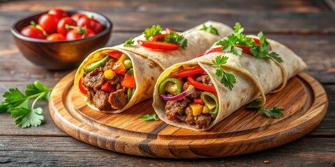 Spicy lamb or beef wraps filled with flavorful vegetables and served on a wooden plate, food wrap, indian street food