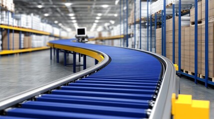Modern warehouse interior with a curved conveyor belt transporting goods, showcasing efficient logistics