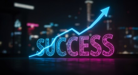 Achieve Success Neon Sign Cityscape Background