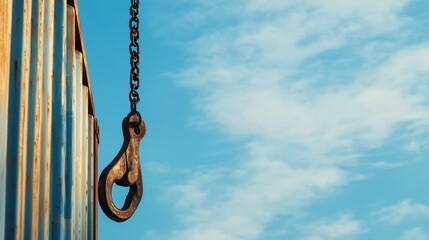 Industrial crane hook suspended against a clear blue sky with shipping containers in the background