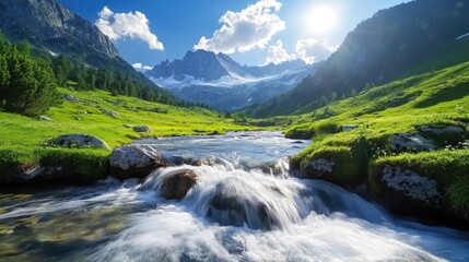 Scenic mountain stream cascading through alpine meadow under a clear sky.  Possible use Stock photo for travel, nature, and environmental themes