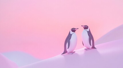 Fototapeta premium two penguins on pink snow