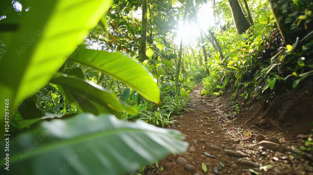 Poster secluded trail winding through lush forest with dappled sunlight filtering through leaves, creating 