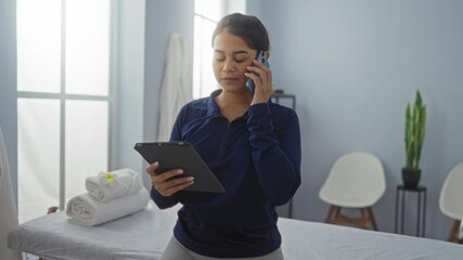 Woman talking on phone and using tablet in a wellness center spa room with towels and indoor plants around