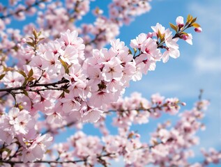 Obraz premium Pink Cherry Blossom Branch Against Blue Sky