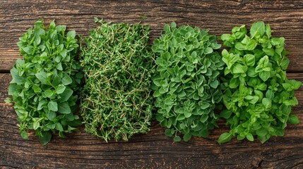Obraz premium Fresh herbs oregano, thyme, marjoram, on wooden background. Food photography for recipe blogs