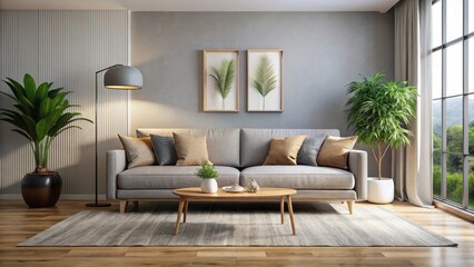 A modern living room with a stylish sofa in the center of the room, style, ambiance, style, ambiance