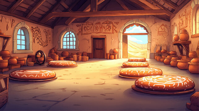 Rustic Pottery Workshop Interior Vector with Clay Jars and Traditional Ceramics in Sunlit Desert Setting | Handcrafted Artifacts and Architecture