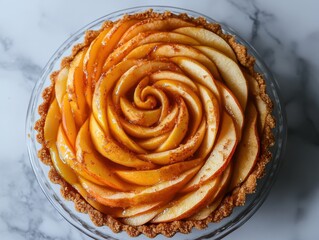 Fototapeta premium Deliciously Designed Rose-Shaped Apple Tart with Glaze on a Marble Background Perfect for Dessert Lovers and Baking Enthusiasts