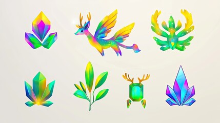 Colorful fantasy creature and crystal designs.