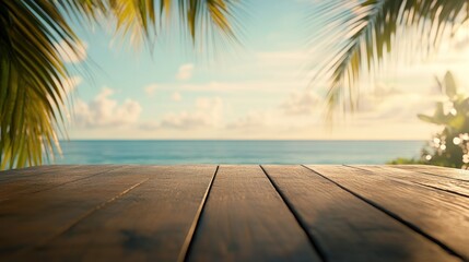 Tropical Beach Paradise: Wooden Deck Overlooking Ocean Sunset