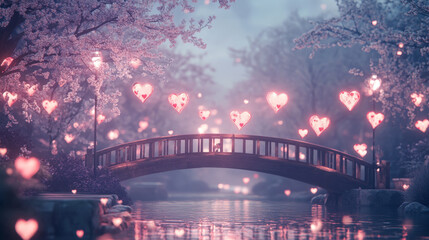 Obraz premium Enchanted bridge under blossoming trees, glowing hearts illuminating a dreamy, romantic scene.