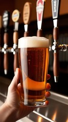 Hand holding a glass of freshly poured craft beer with a foamy head in front of multiple beer taps at a bar, representing brewery culture, draft beer, and social drinking experiences

