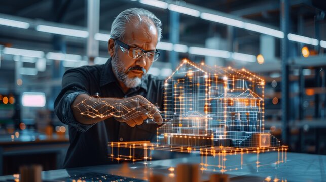 Architect Designing Smart Home: A seasoned architect uses augmented reality technology to meticulously design a modern smart home, showcasing innovative construction and technological integration. - Powered by Adobe