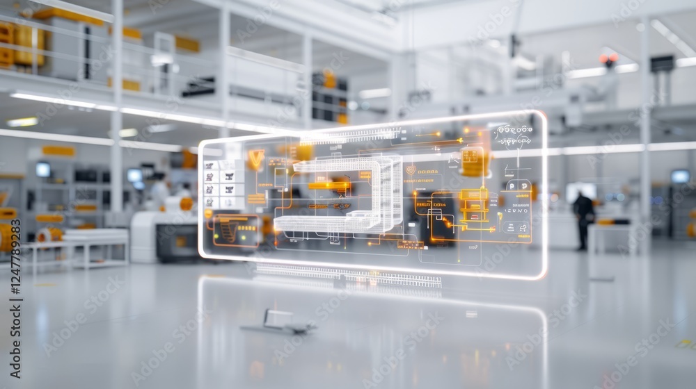 Poster smart factory control panel: a futuristic smart factory interior showcases a transparent holographic