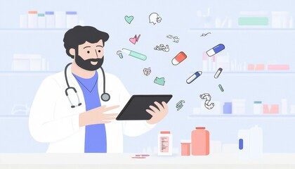 Doctor Using Tablet in Pharmacy with Floating Medical Icons