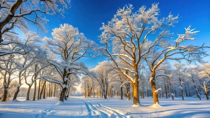 Fototapeta premium Snowy forest with bare branches and snow-covered trunks of ancient trees standing alone against a clear blue sky, surrounded by silence, winter landscape, winter wonderland