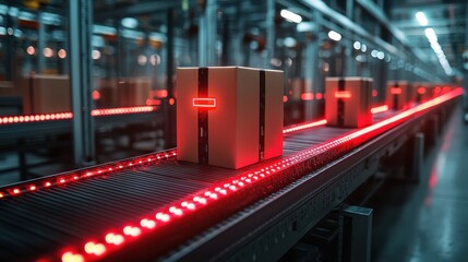 Automated warehouse system with boxes on conveyor belt illuminated by red lights, demonstrating advanced logistics and efficient distribution processes in modern storage facilities.