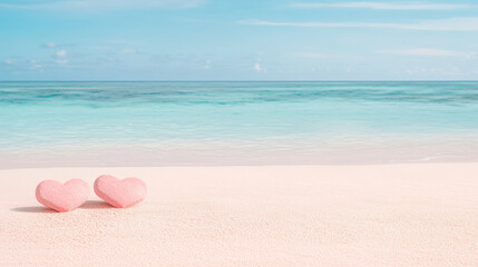 Fototapeta premium Two pink hearts on a pristine beach, turquoise water in the background. Romantic summer vacation vibes.