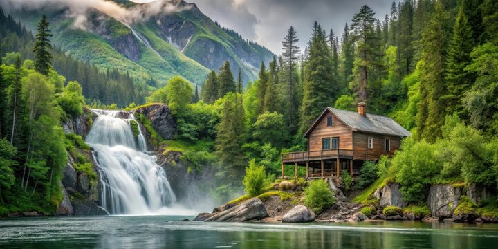 Serene landscape of a rustic fishing lodge surrounded by lush greenery and majestic waterfall in Alaska's vast wilderness, mountainous backdrop, waterfall