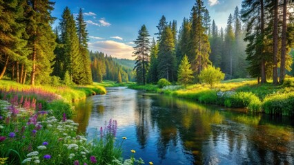 River flowing through a serene forest with calm waters and lush greenery