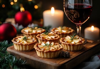 Festive apple tartlets with a glass of red wine, candles, and holiday decorations creating a warm and inviting atmosphere for seasonal celebrations