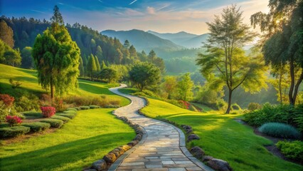 A winding path made of natural stone and surrounded by lush greenery, leading through a serene landscape with rolling hills and towering trees , serene landscape, landscape photography