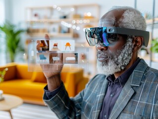 Senior Man Exploring Virtual Reality Furniture: An older African American man wearing VR glasses interacts with a virtual furniture catalog, exploring design options with focused intensity.