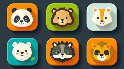 Obraz premium Cute animal faces icons panda, lion, squirrel, polar bear, raccoon, fox, in colorful square buttons.