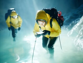 Obraz premium Adventurers Exploring Icy Landscape with Smartphones in Yellow Rain Gear