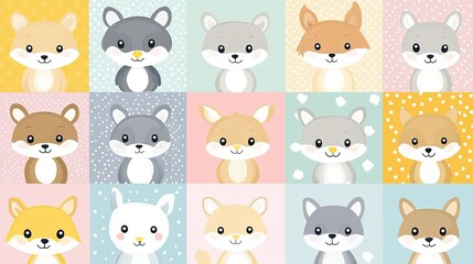 Cute cartoon foxes, wolves, and rabbits in pastel colors on a patterned background.