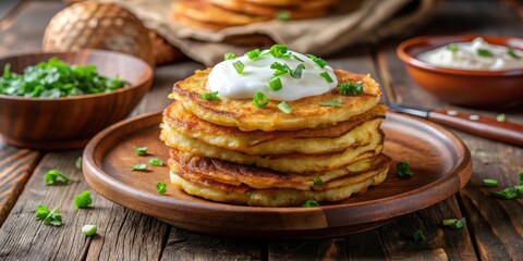 Crispy golden potato pancakes piled high on a plate, topped with a dollop of sour cream and chives in a rustic wooden bowl, comfort food, crispy edges