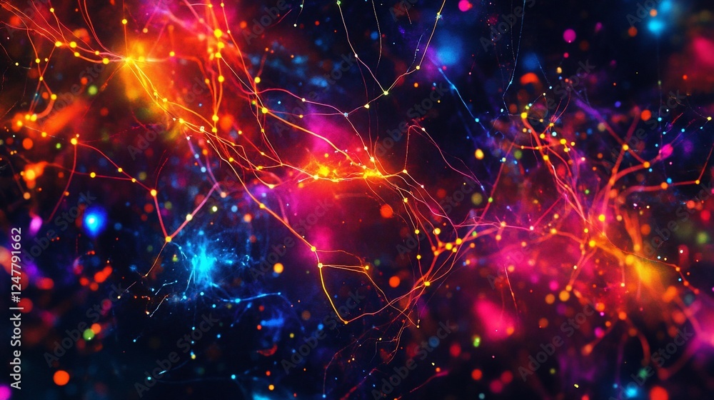 Poster abstract colorful glowing network of lines and dots on a dark background with bokeh effect