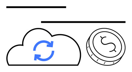Cloud with synchronization arrows beside a coin with a dollar sign. Ideal for cloud computing, finance technology, digital transactions, online banking, financial apps, data backup, financial
