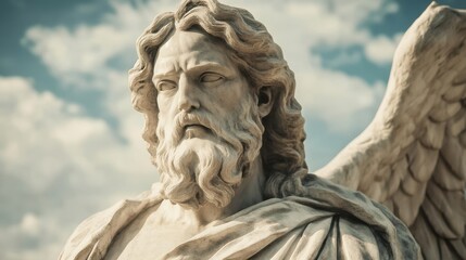 Obraz premium Majestic Angel Statue Closeup Dramatic Sky Background