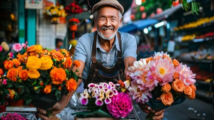Fototapeta premium Smiling Flower Seller: A cheerful, elderly man with a warm smile and weathered hands displays vibrant bouquets of flowers at his stall. He embodies the joy of simple pleasures, the vibrancy of life.