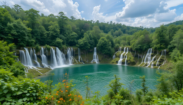 Waterfall landscape of Plitvice Lakes Croatia.
