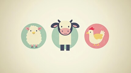 Cute cartoon sheep, cow, and hen icons in pastel circles on beige background.