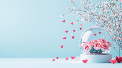 Obraz premium Pink roses in a glass dome, surrounded by small hearts and delicate branches. A pastel blue background sets a romantic mood.