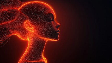 Obraz premium Abstract digital silhouette of a female head with glowing orange wireframe effects, showcasing artistic lines, waves, and depth against a dark background