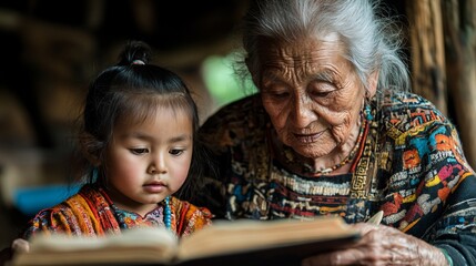 Heritage and Language – An elderly person teaching a child their native language, writing traditional characters, emphasizing the importance of language preservation