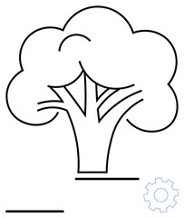 Single-line tree outline paired with a gear icon representing innovation, nature, and growth. Ideal for sustainability, technology, ecology, teamwork, process optimization, eco-friendly practices