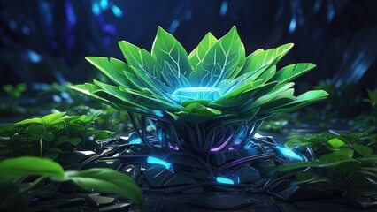 A digital rendering of a young green plant sprouting from the soil