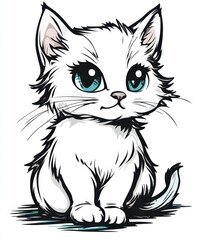 Obraz premium Adorable Cartoon White Kitten with Bright Blue Eyes and Playful Expression