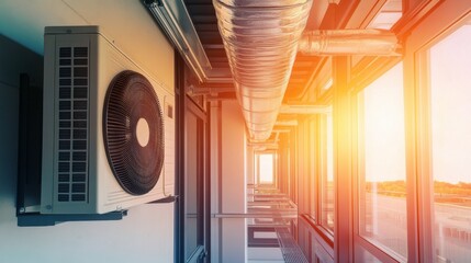 Modern Air Conditioning Unit on Building Exterior at Sunset